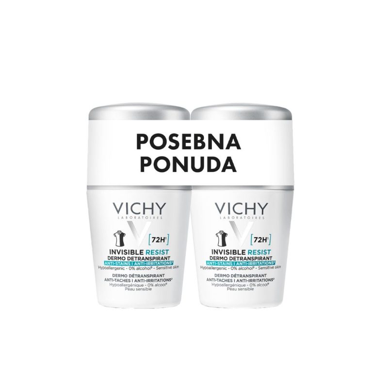 VICHY DEODORANT INVISIBLE RESIST ROLL-ON PROTIV TAMNIH MRLJA I NADRAŽENOSTI DUOPACK